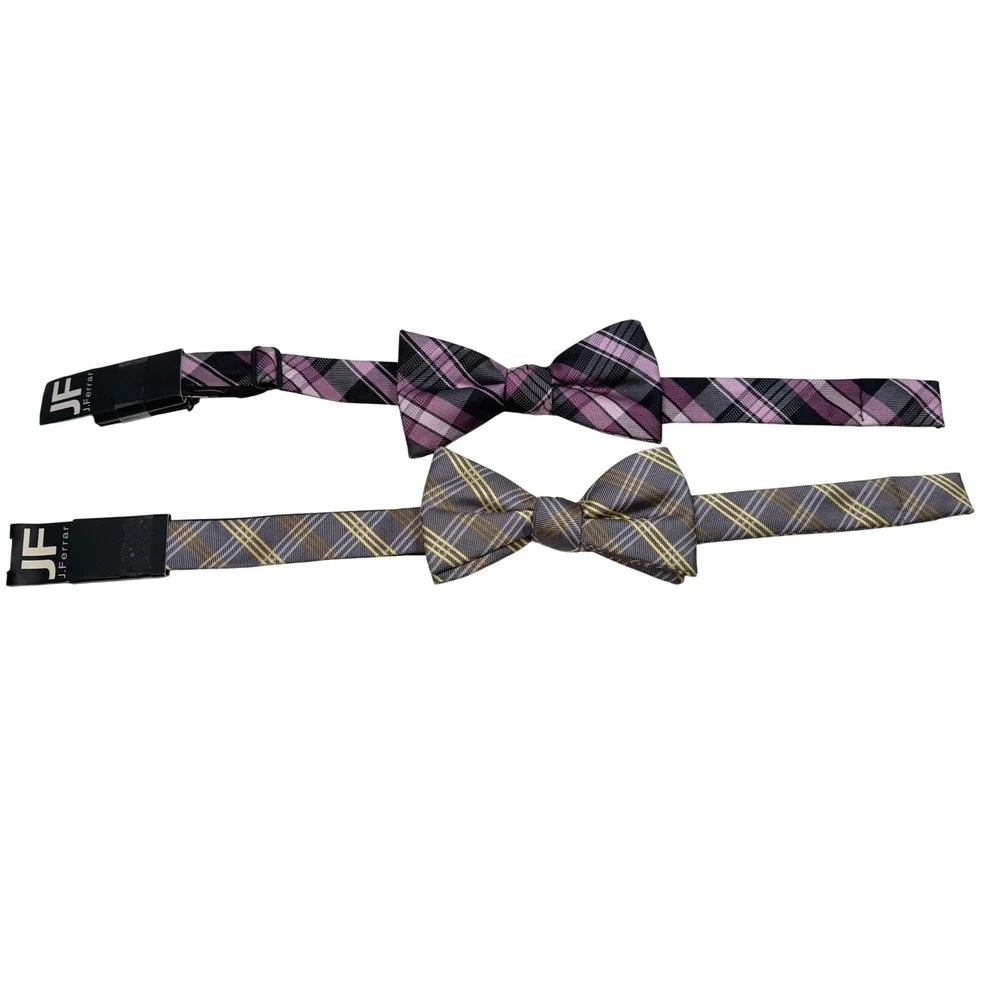 J.Ferrar Bow Tie Set OS Multi Plaid Pre-Tied Adjustable‎ Purple Grey 2pk NEW